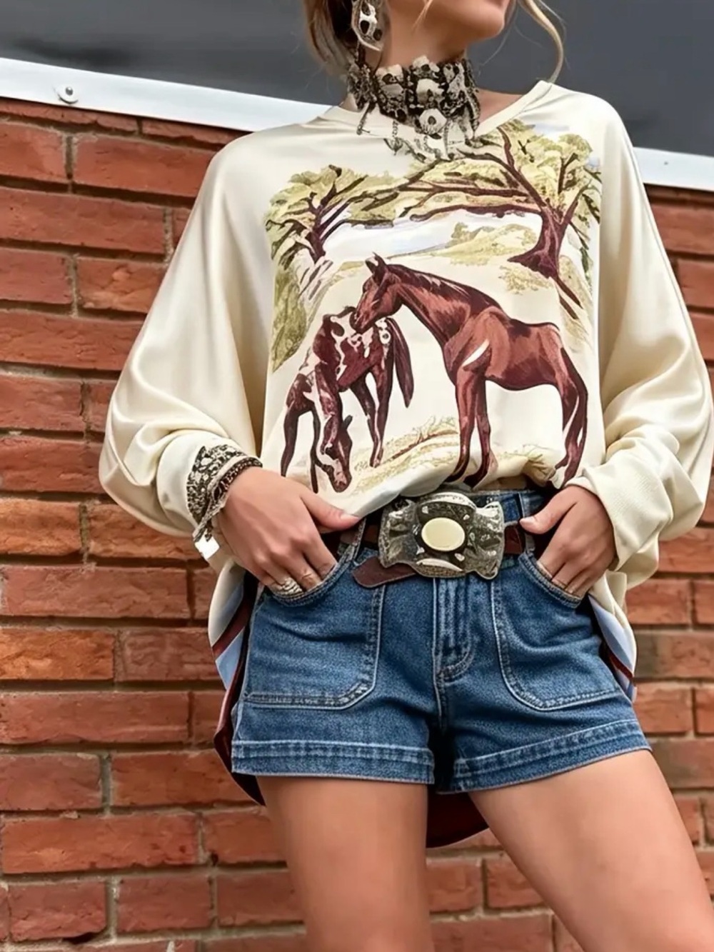 Western Cream Horse Print Women's Blouse